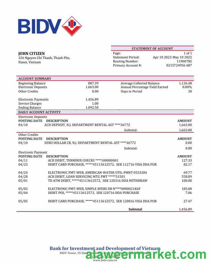 Vietnam BIDV bank statement